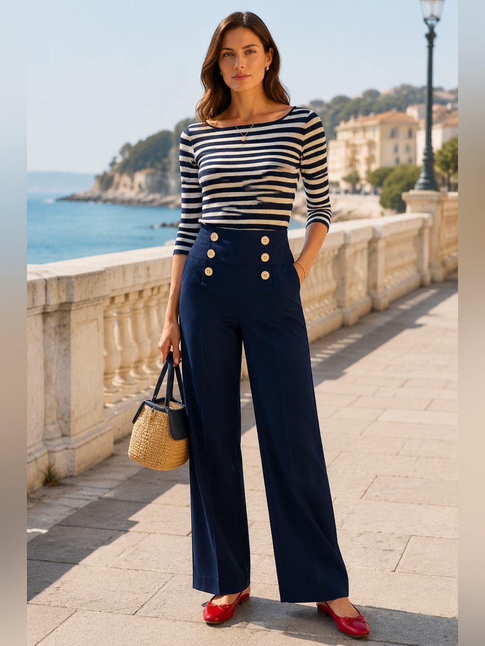 Ralph Lauren high waist Navy Sailor Pants Wide Leg Silk Cotton Blend Old Money 6 - Picture 4 of 10